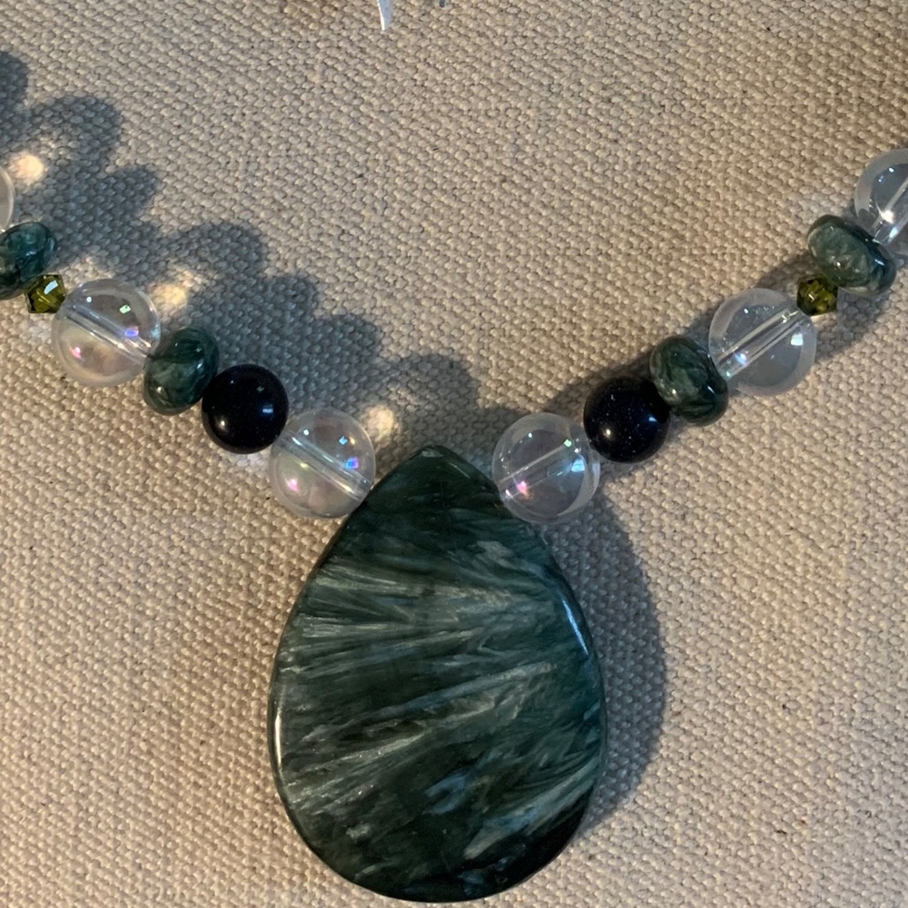 Seraphinite, blue sandstone and rainbow quartz